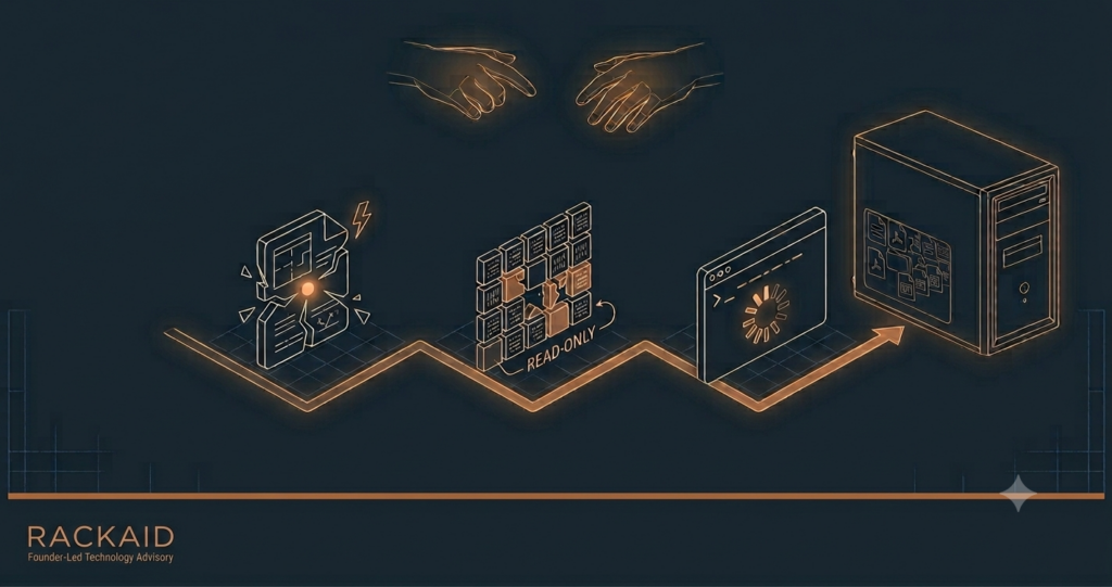 Technical blueprint-style illustration from RackAid on a dark navy background, showing a horizontal timeline process tracking three early server failure signs: unprompted crashes, file system corruption (read-only), and command line latency freezes leading to a server rack asset.