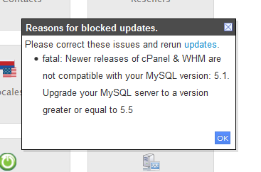 WHM update was blocked due to an outdated MySQL version. WHM 11.40 and later requires MySQL 5.1.