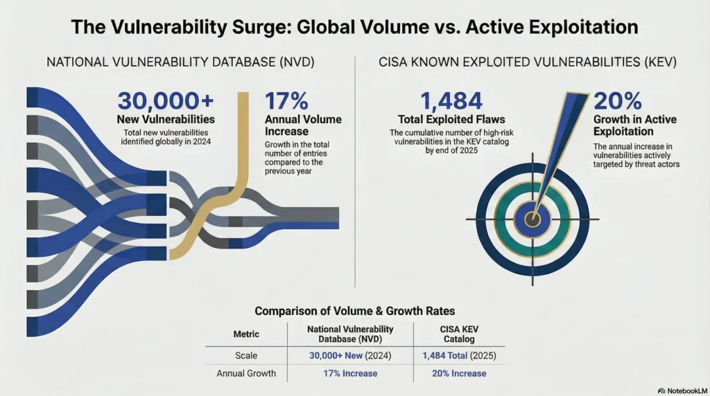 Infographic comparing the National Vulnerability Database (30,000+ new vulnerabilities in 2024, 17% annual growth) with the CISA Known Exploited Vulnerabilities catalog (1,484 total exploited flaws, 20% annual growth).